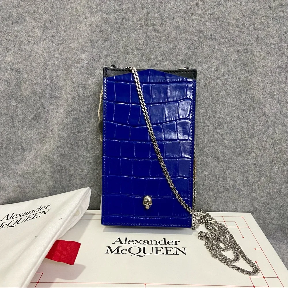 SOLD NWT $690 Alexander McQueen Skull Croc Leather Phone Bag Royal Blue - Picture 1 of 16